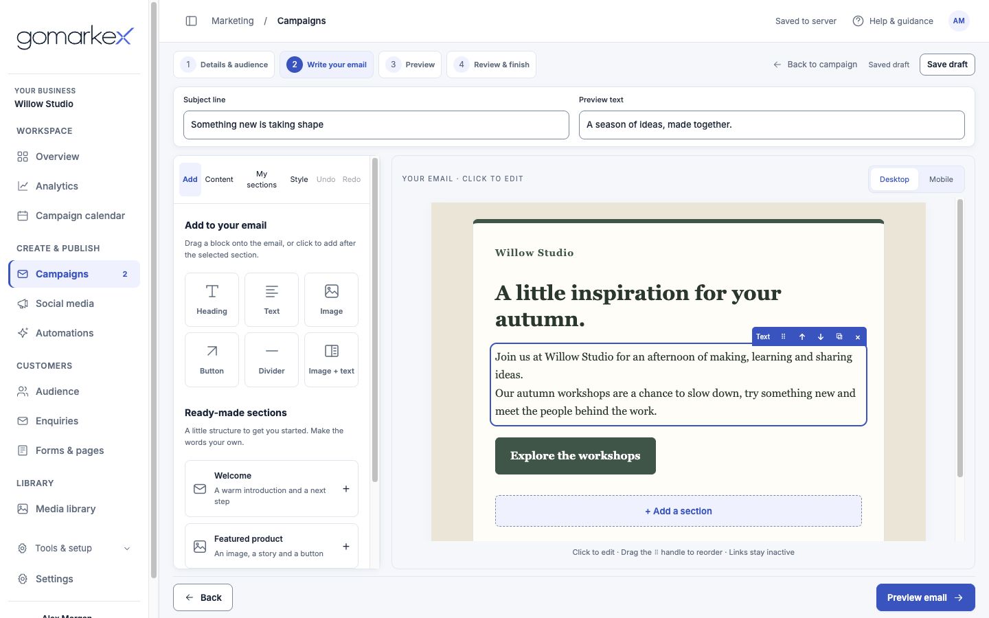 gomarkex email editor showing a fictional Willow Studio campaign, a reusable sections panel and a live email canvas.